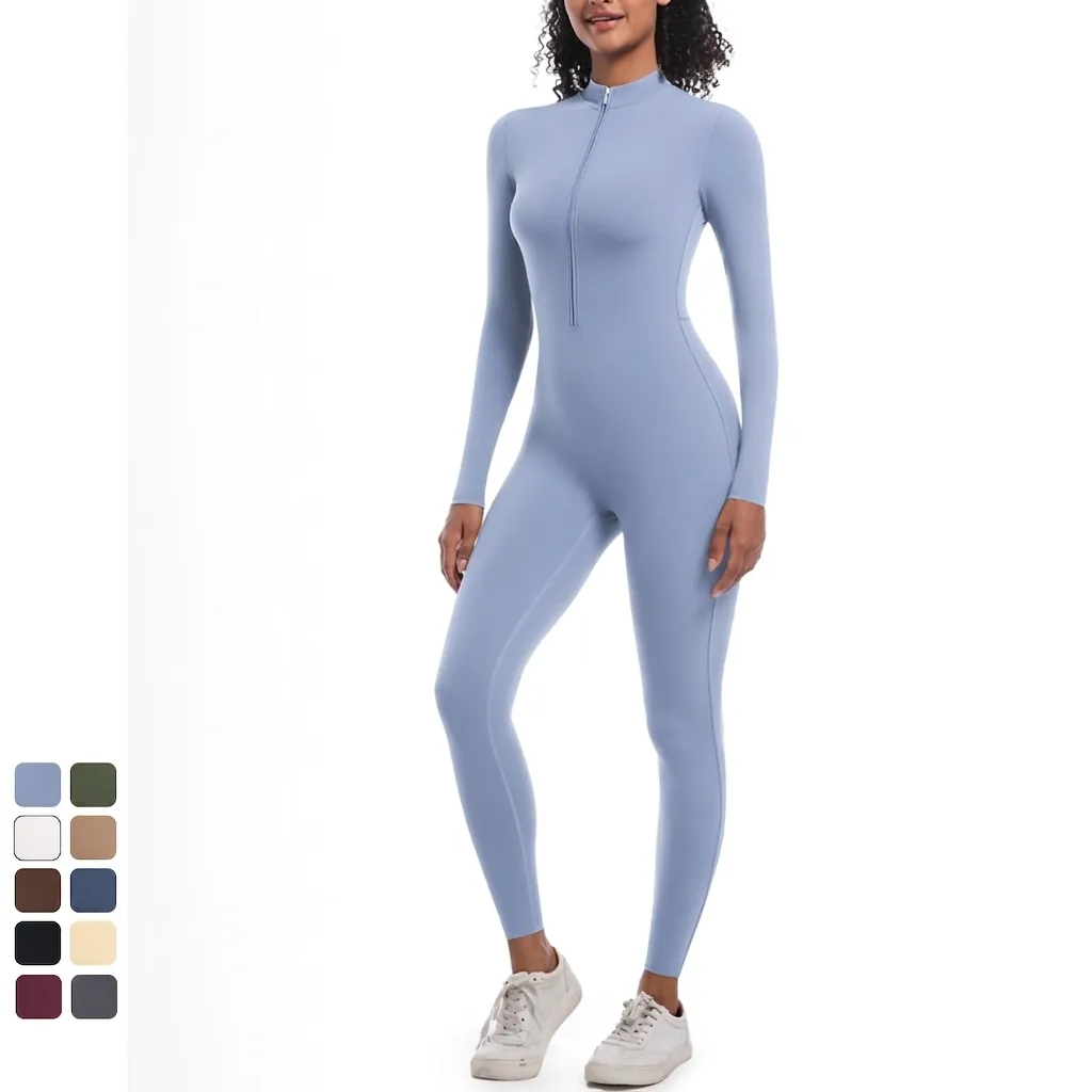 Combinaison de Yoga à Manches Longues pour Femmes avec Fermeture Éclair Coupe Ajustée Body de Sport Une Pièce pour Fitness Gym
