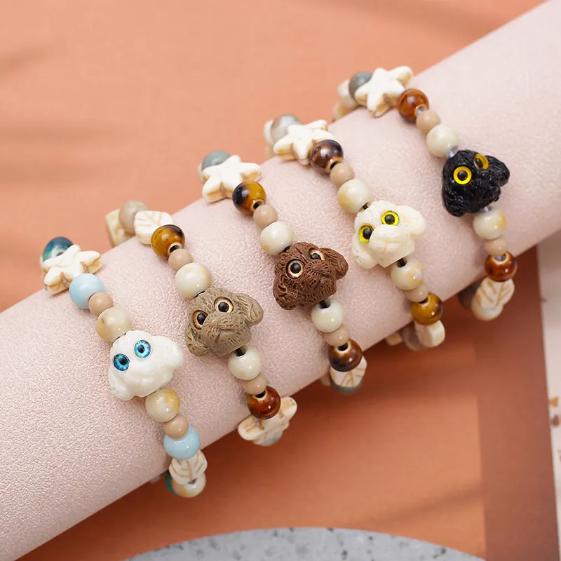 Bracelet Perles Céramique Fait Main Pendentif Chien Dessin Animé Perles Étoile Os Bijoux Réglables Pour Femmes Hommes
