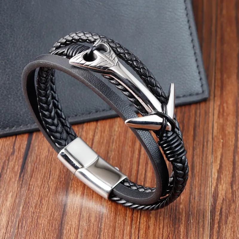 Bracelet Homme Multicouche En Cuir Tressé Rétro Avec Fermoir Magnétique En Acier Inoxydable 316L Charme Ancre Nautique Punk