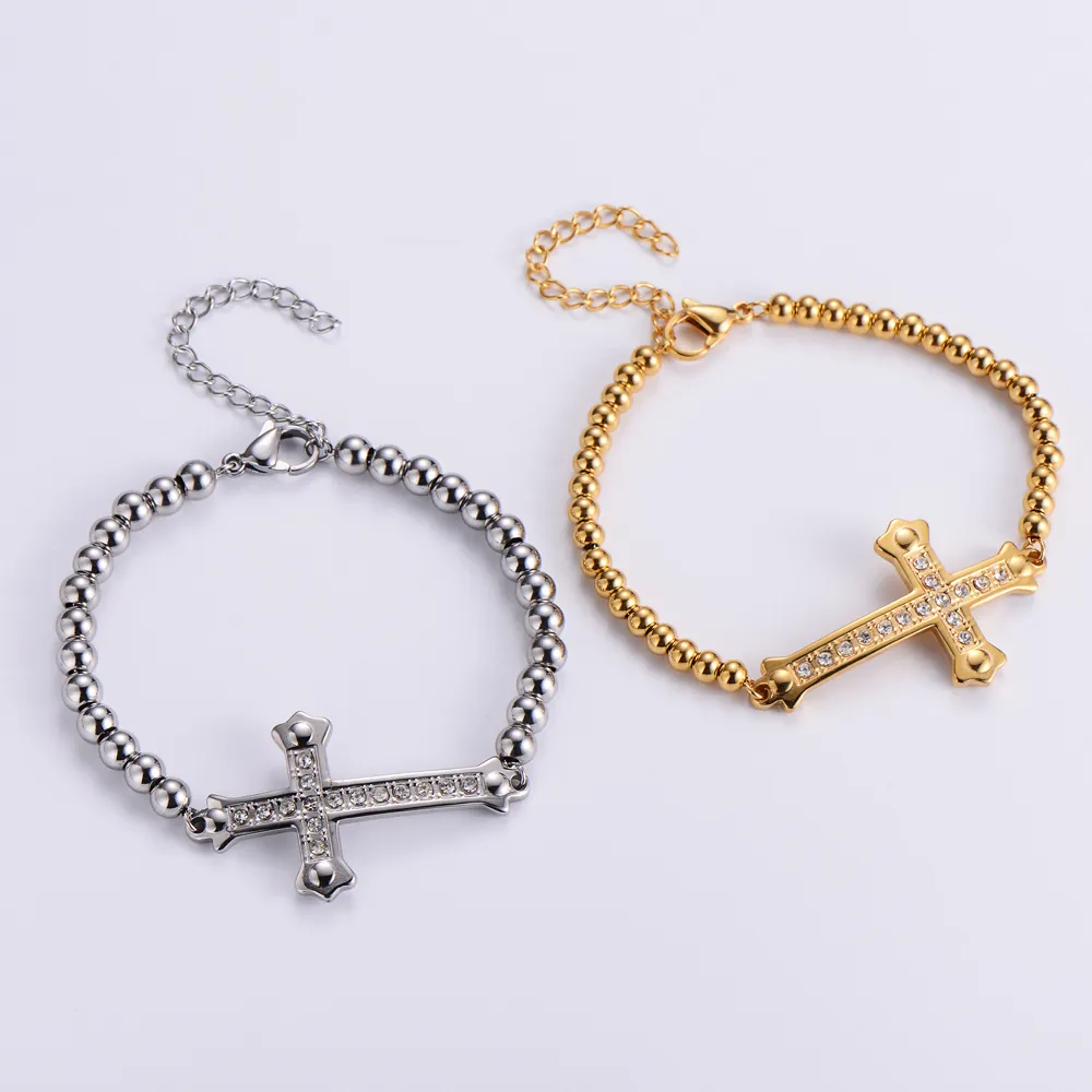 316L Stainless Steel Cross Pendant Bracelet With Rhinestones Pave Round Bead Chain Adjustable Jewelry For Women