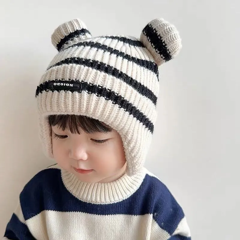 Baby Striped Knitted Beanie Ear Protection Hat Warm Winter Fleece Lined Cap With Cute Bear Ears For Infants Toddlers