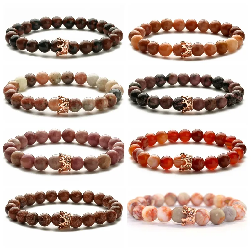 Perlenarmband Naturstein Mit Roségoldener Krone Legierung Anhänger Elastischer Retro Schmuck Geschenk Für Herren Damen