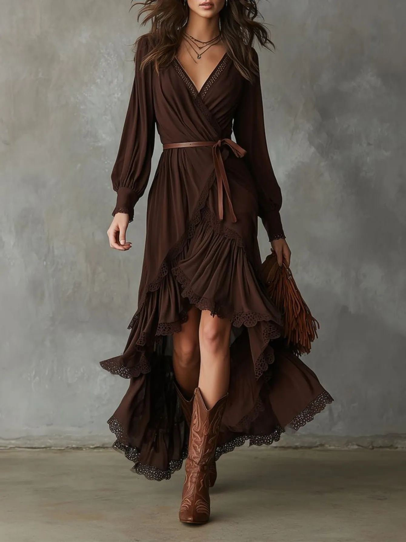 Bohemian V Neck Long Sleeve Irregular Hem Maxi Dress With Lace Trim Ruffles Wrap Style Belted Dark Brown