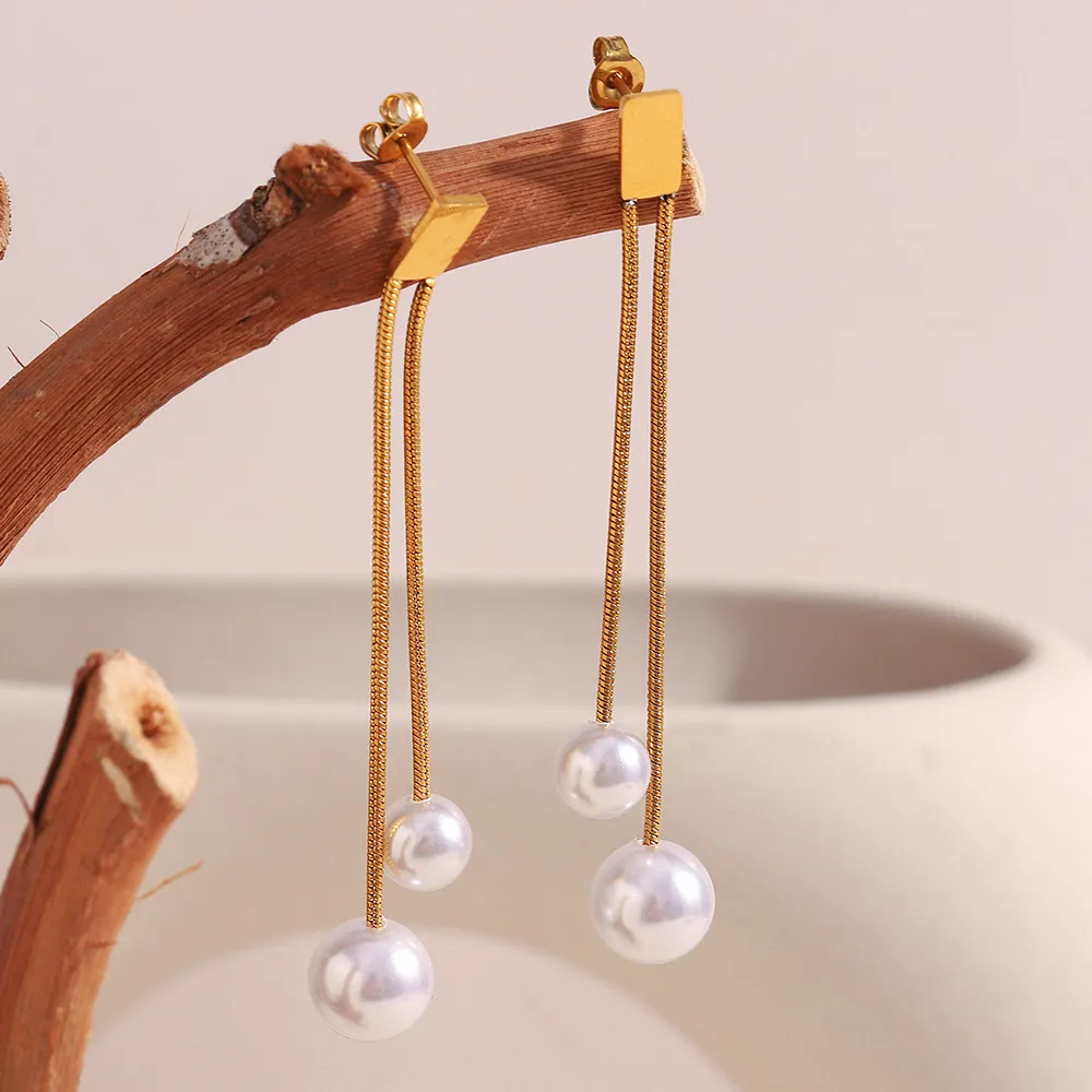 Geometric Tassel Artificial Pearl Drop Earrings Stainless Steel 18K Gold Plated Long Dual Chain Retro Elegant Jewelry For Women