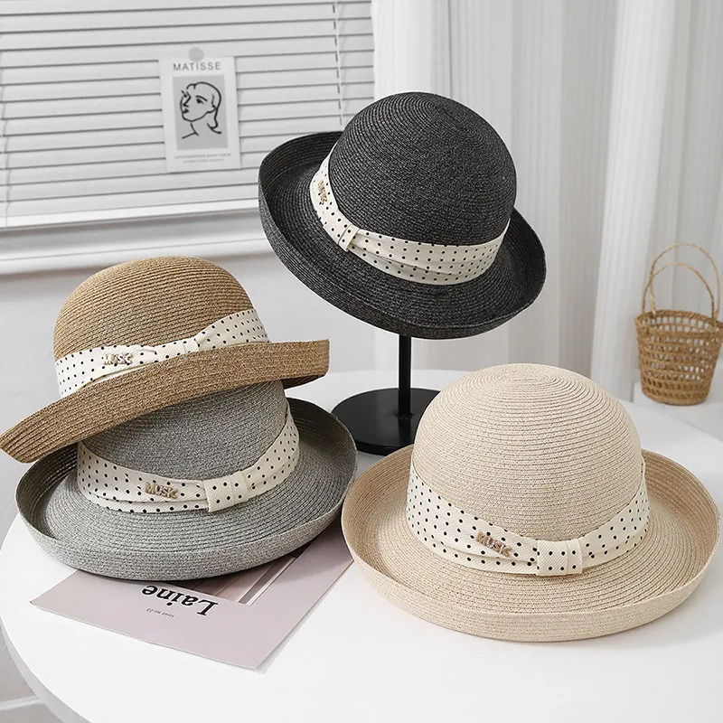 Women French Hepburn Style Wide Brim Straw Hat Breathable Sun Protection Polka Dot Ribbon Bow Elegant Beach Vacation