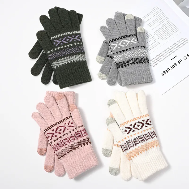Unisex Winter Acrylic Knitted Gloves Thickened Fleece Lined Touch Screen Warm Nordic Patterned Outdoor Cycling Gloves