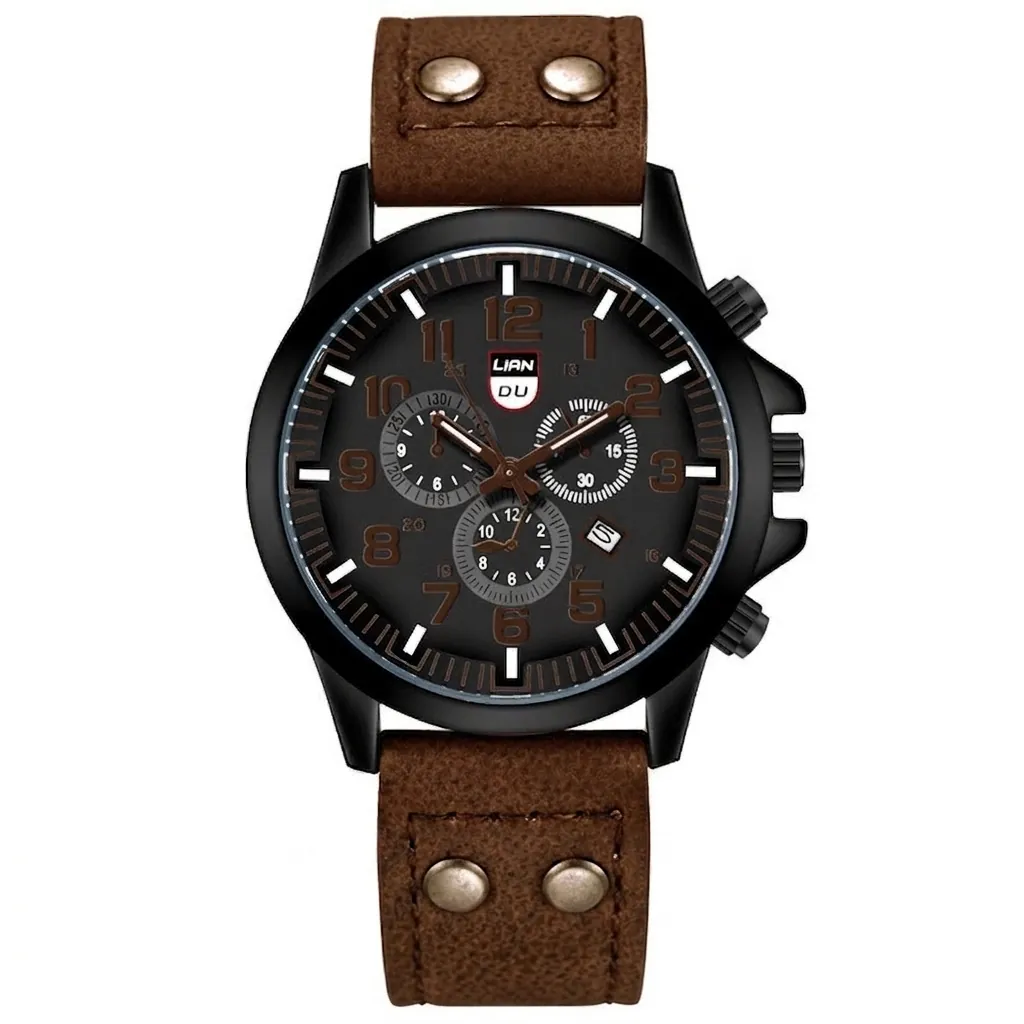 Men's Casual Quartz Watch With Calendar Functional Chronograph Style Dial Rivet PU Leather Strap Alloy Case Wristwatch
