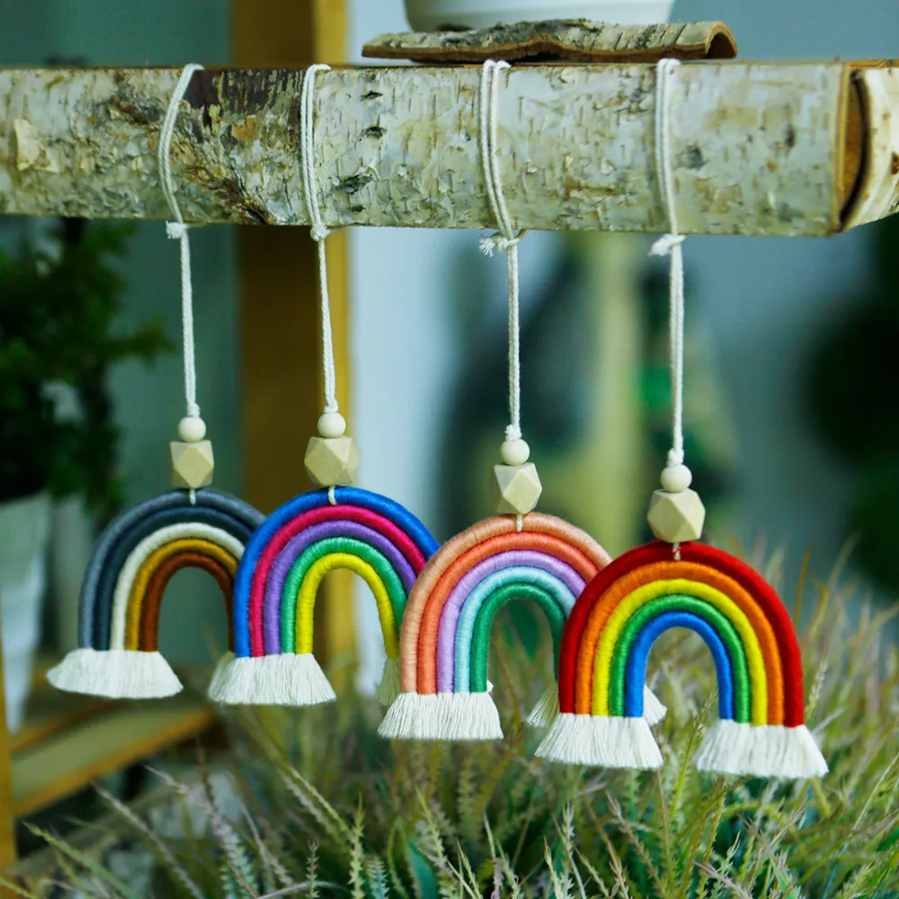 Ornement Suspendu Arc-En-Ciel Tissé À La Main Pour Voiture Bohème Corde En Coton Pompon Avec Perles En Bois Décor