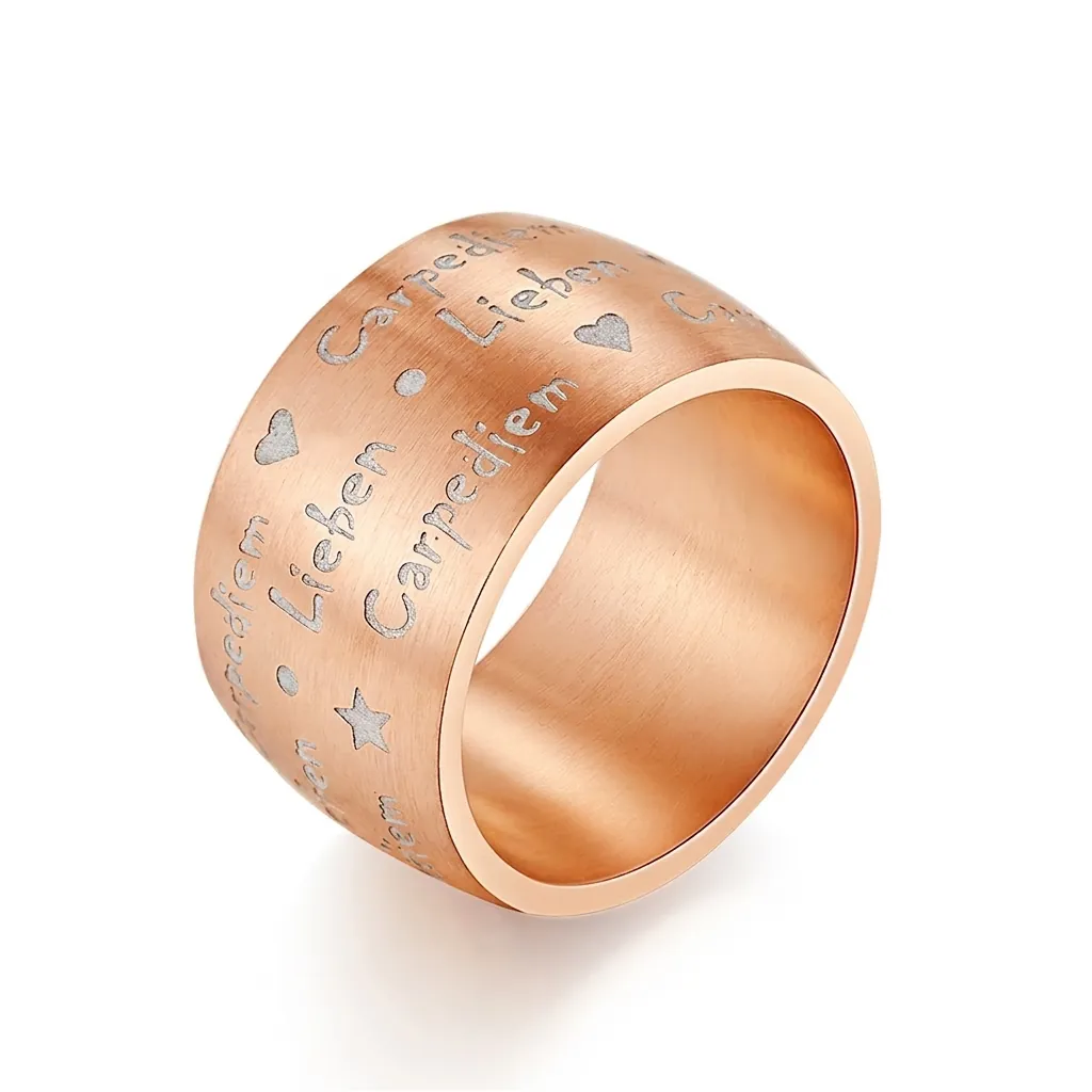 Stainless Steel Ring Wide Band Brushed Matte Carpe Diem Lieben Engraved Heart Star Pattern Unisex Fashion Jewelry