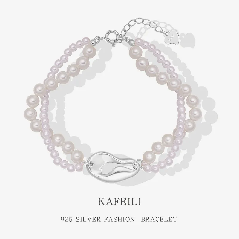 Bracciale A Strati Künstliche Perle Di Conchiglia Argento 925 Maglia Chicco Di Caffè Ciondolo Cuore Regolabile Donna Elegante