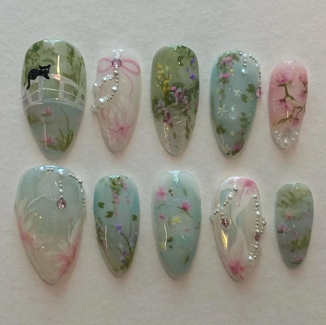 Long Almond Press On Nails Hand Painted Floral Cat Landscape Art With Artificial Pearls Rhinestones Pastoral Style False Nails For Women