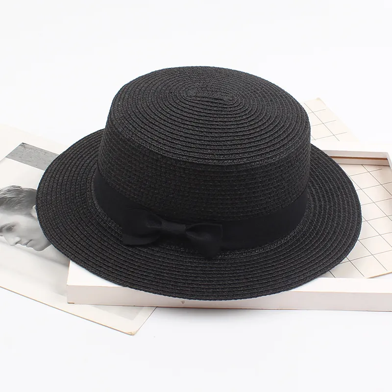 Damen Kinder Sommer Strohshut Flacher Top Boater Hut Strand Sonnenschutz Hut Mit Schwarzem Schleifenband Mode Lässig