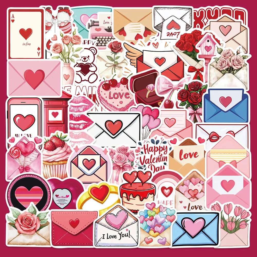 Valentine Day Love Envelope Stickers Waterproof PVC Romantic Heart Rose Decals For Laptop Phone Case Diary Scrapbooking