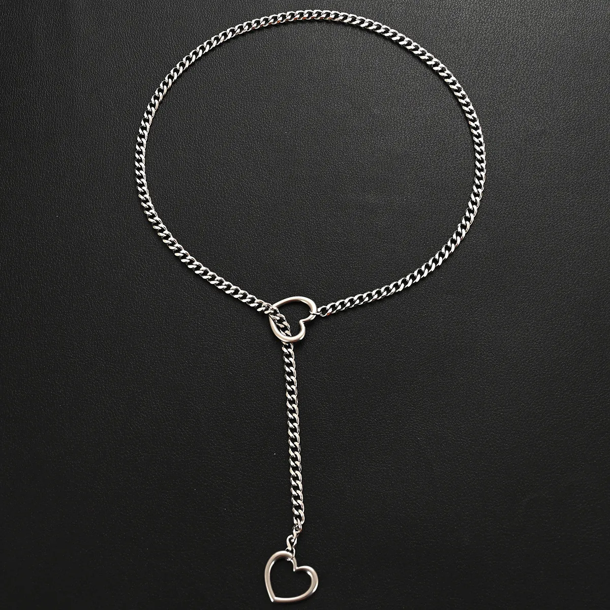 Stainless Steel Y Necklace Heart Lock Pendant Adjustable Cuban Sliding Chain Punk Hip Hop Jewelry For Women Men