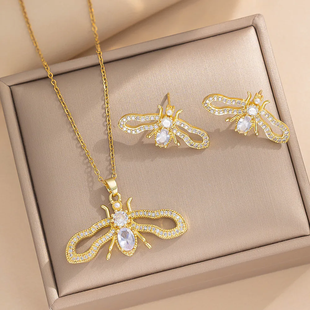 Biene Anhänger Halskette Und Ohrstecker Kupfer Mikro Pave Zirkon Künstliche Perle Schmuck Für Frauen Elegant