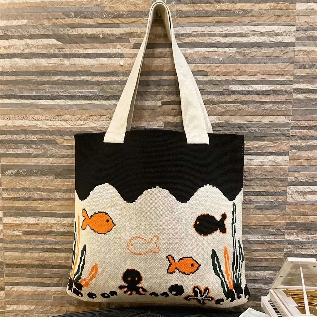 Knitted Tote Bag Women Ocean Octopus Fish Pattern Polyester Handwoven Shoulder Shopping Handbag Casual Beach Bag