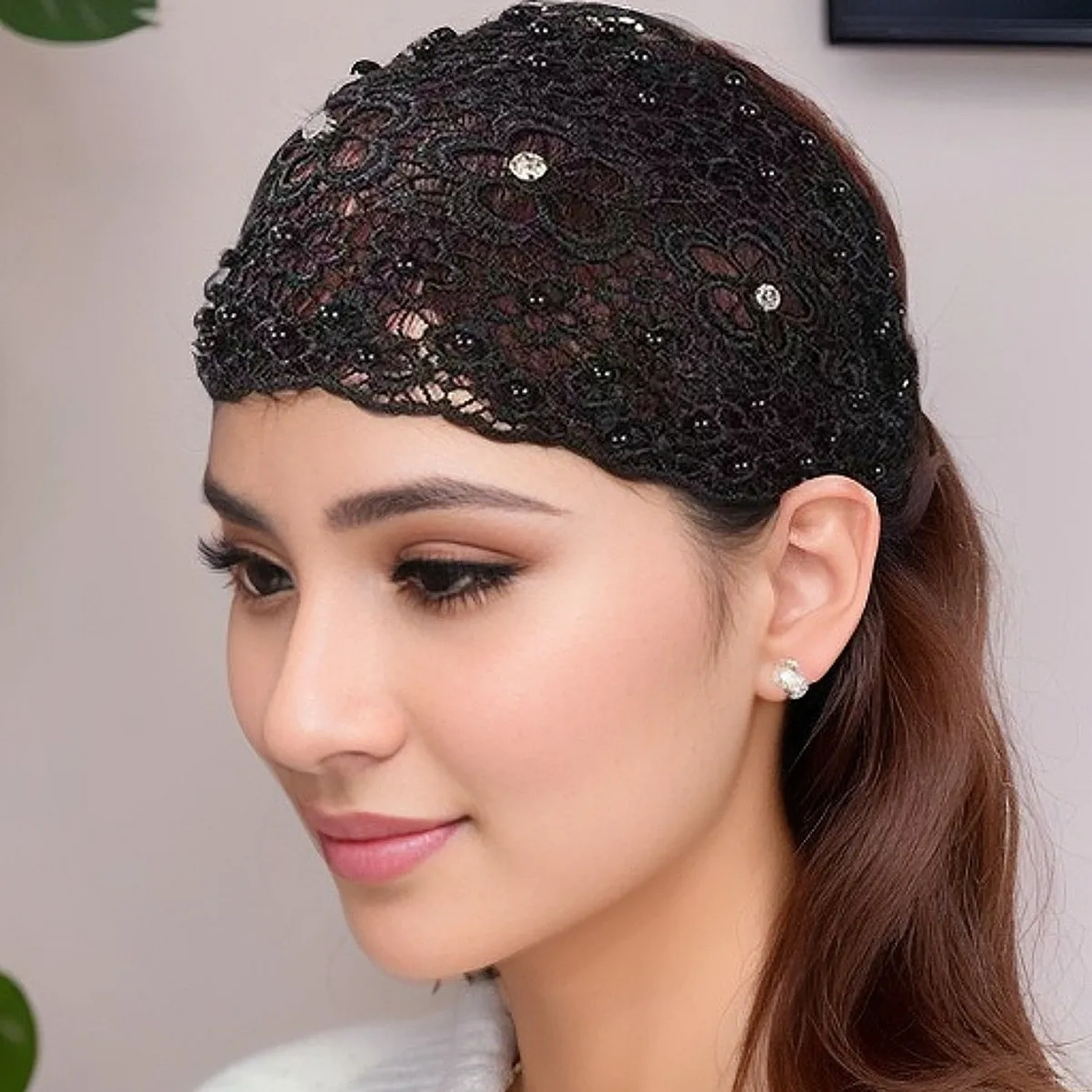 Wide Lace Headband Floral Hollow Hair Band With Faux Artificial Pearls And Rhinestones Elastic Retro Headpiece For Women