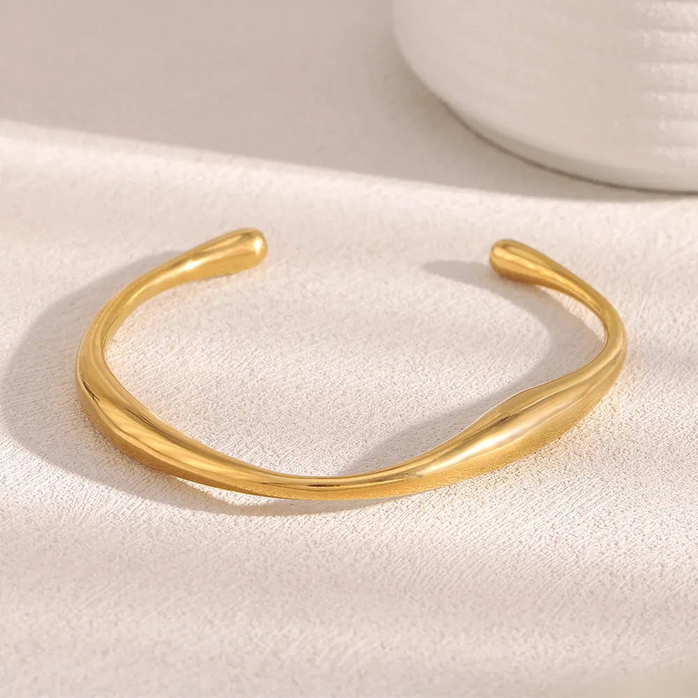 Irregular Twisted Bangle Stainless Steel 18K Gold Plated Minimalist Liquid Metal Style Open Cuff Jewelry For Women