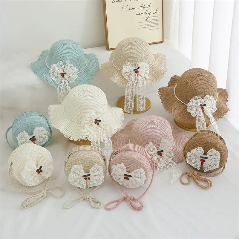 Girls Straw Sun Hat Round Crossbody Bag Lace Bow Cherry Artificial Pearls Summer Beach Travel Pastoral Style Sweet Kids Breathable