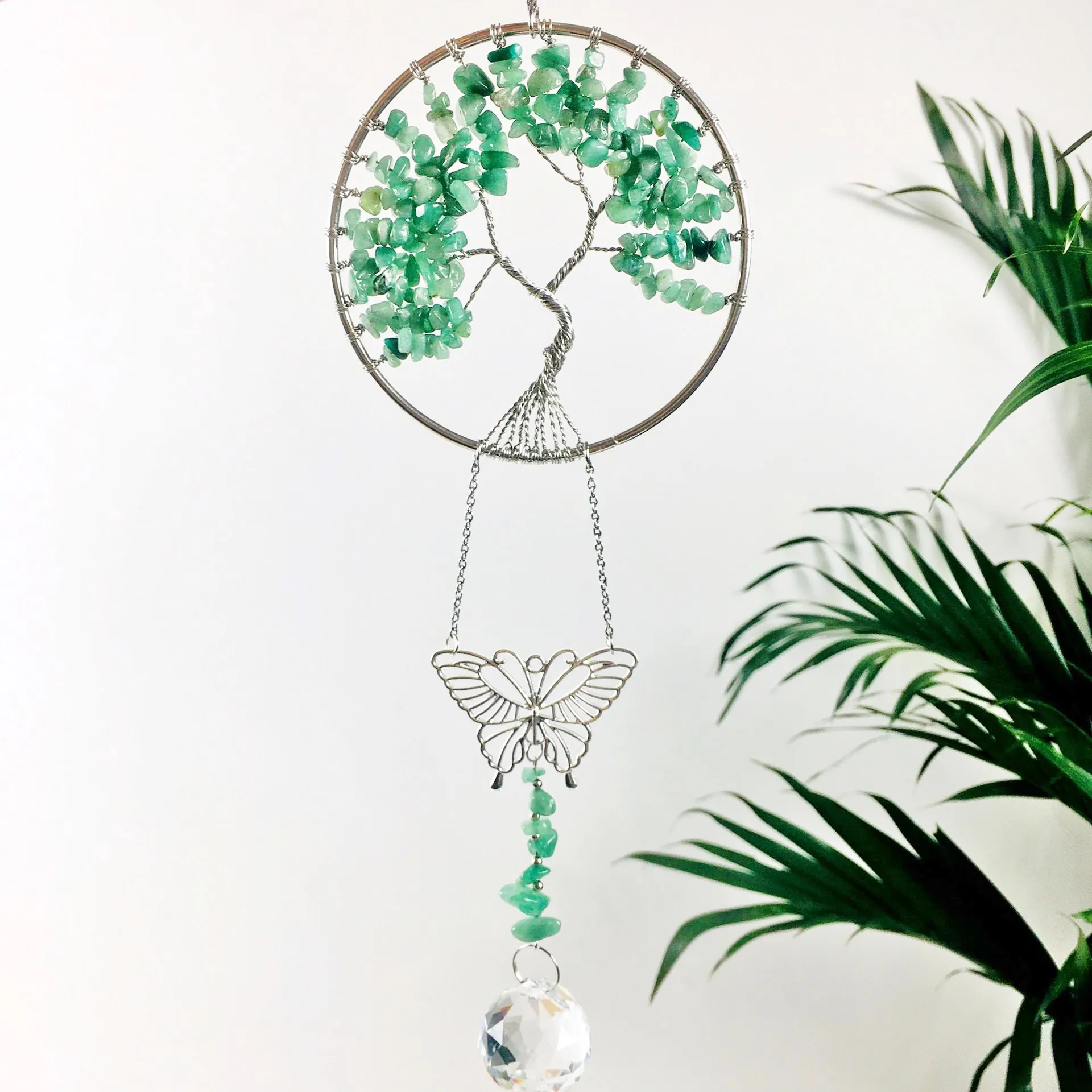 Tree Of Life Suncatcher Hanging Ornament With Metal Wire Butterfly Natural Gemstone Chips And Crystal Prism Ball