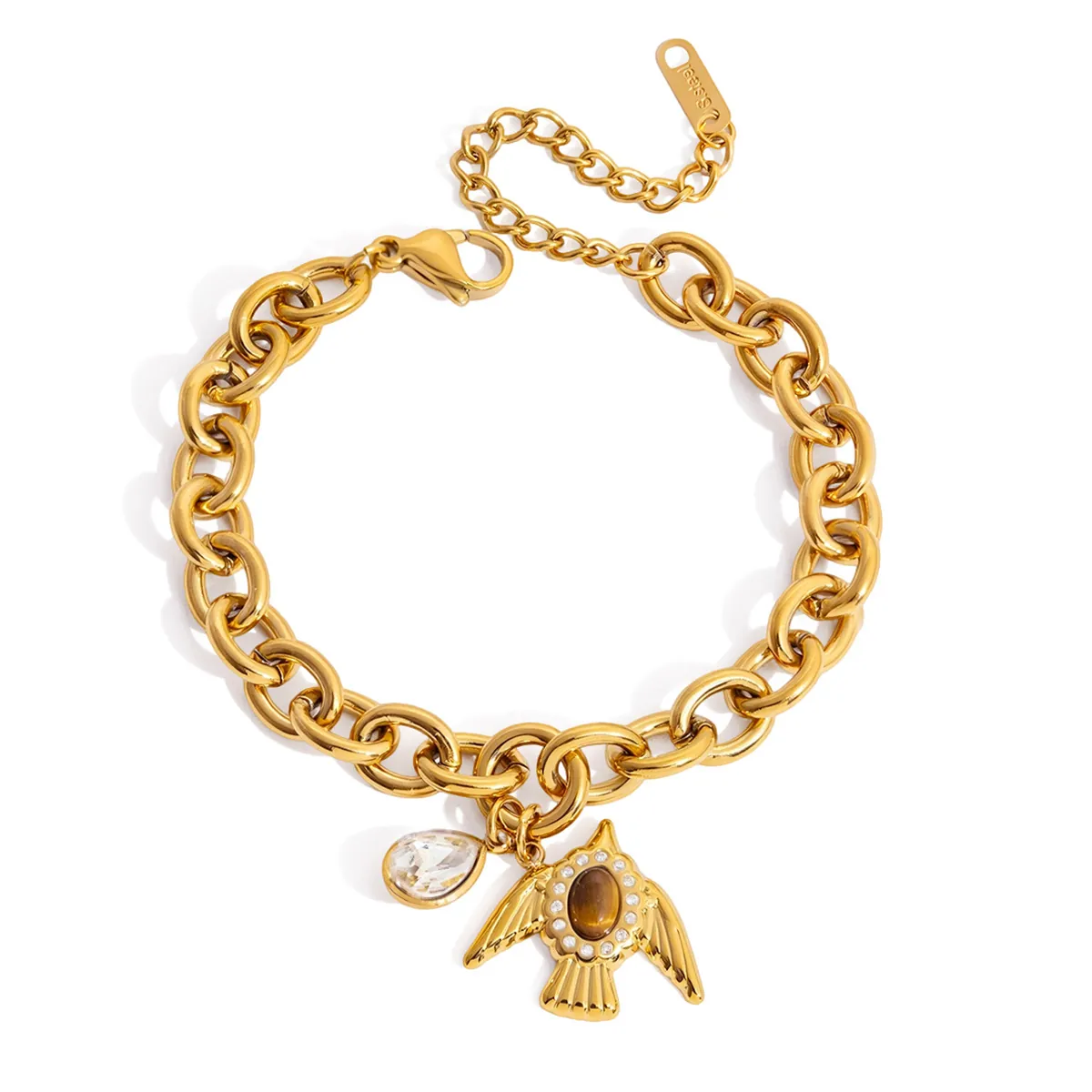 18K Vergoldetes Edelstahl Vogel Anhänger Armband Für Damen Retro Tigerauge Strass Gliederkette Mode Schmuck