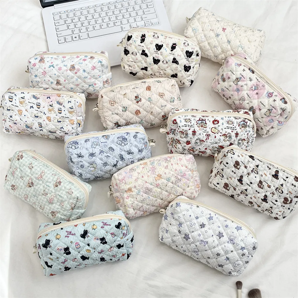 Quilted Pencil Case Soft Cotton Makeup Bag Large Capacity Stationery Storage Pouch For Students Cute Cartoon Animal Print