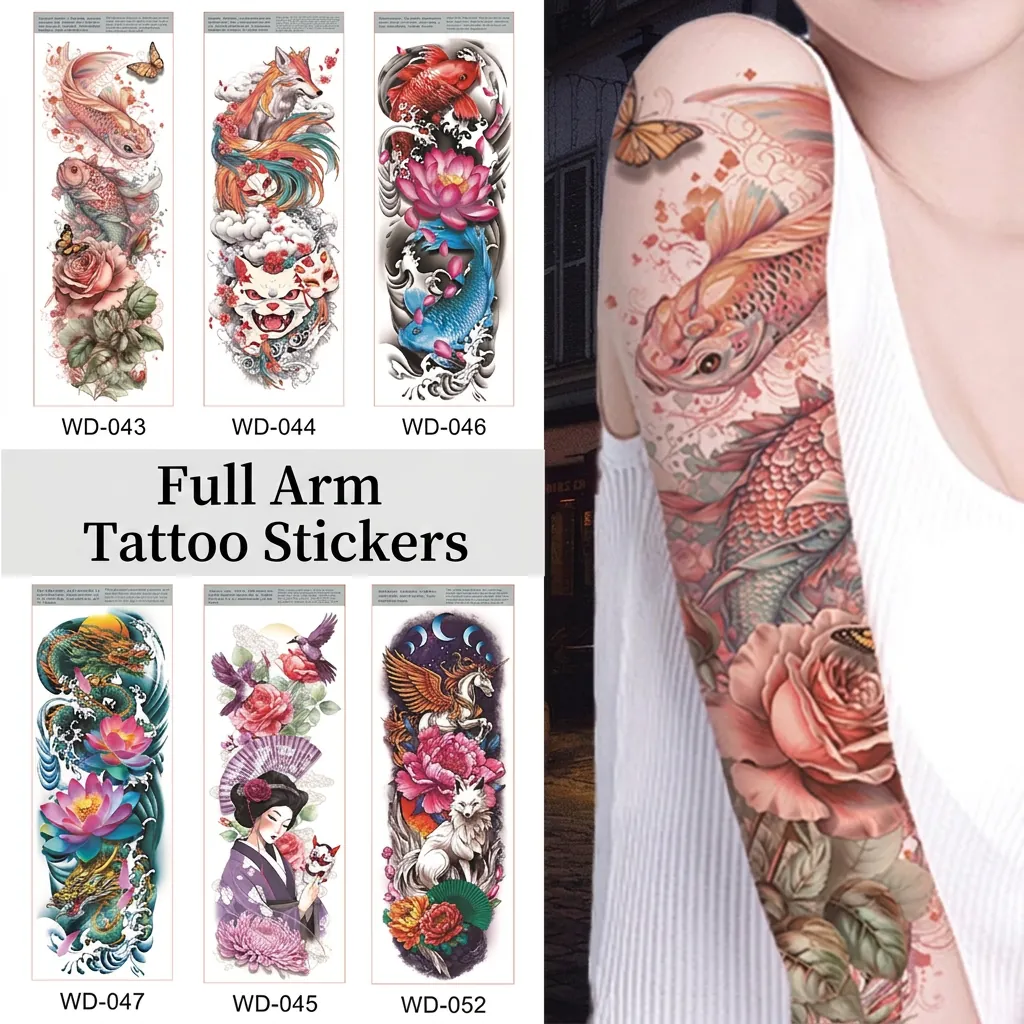 Full Arm Temporary Tattoo Stickers Waterproof Water Transfer Paper Realistic Dragon Flower Body Art For Women Men