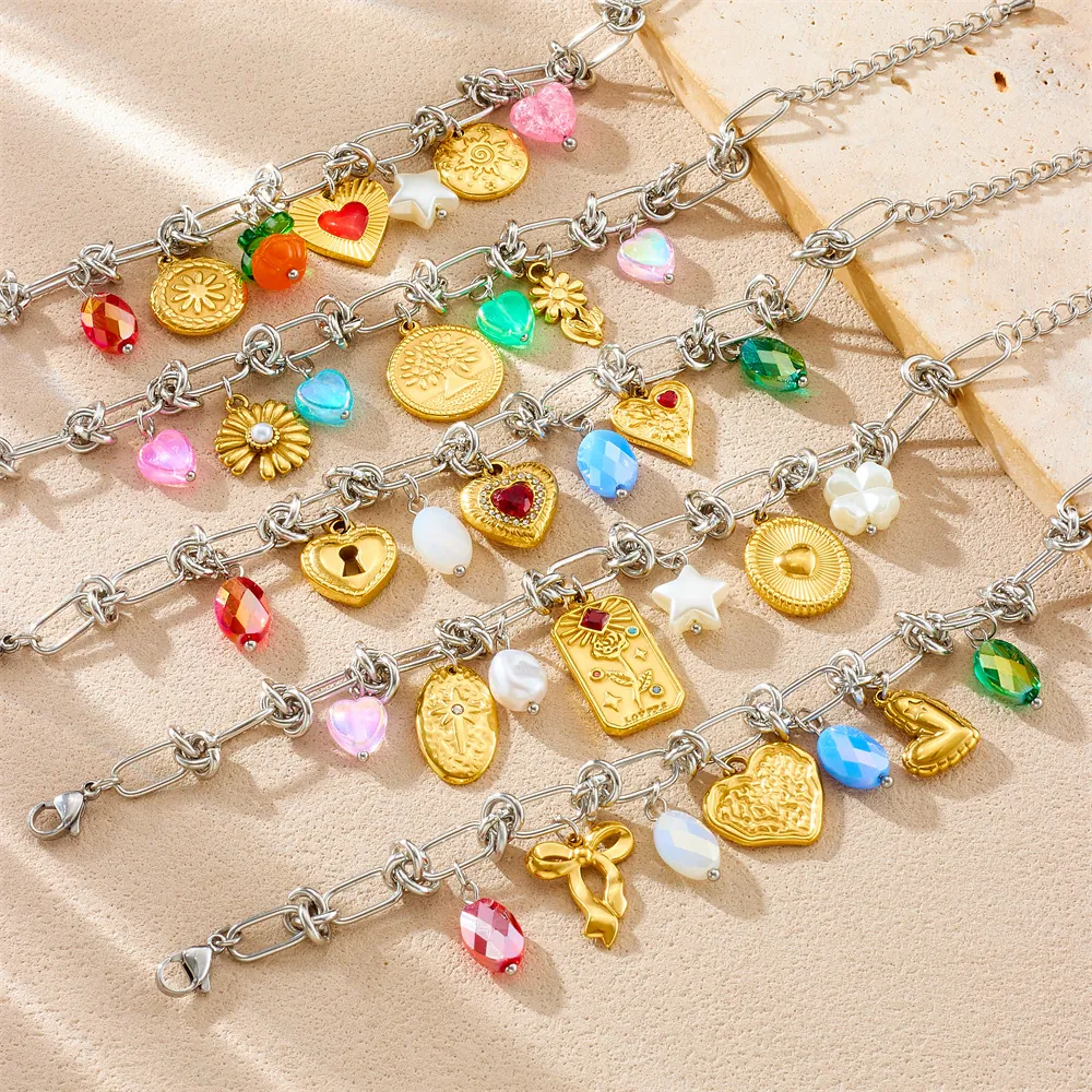 Stainless Steel Multi Pendant Bracelet Colorful Heart Star Flower Sun Coin Pendants Bohemian Y2K Style Jewelry Women