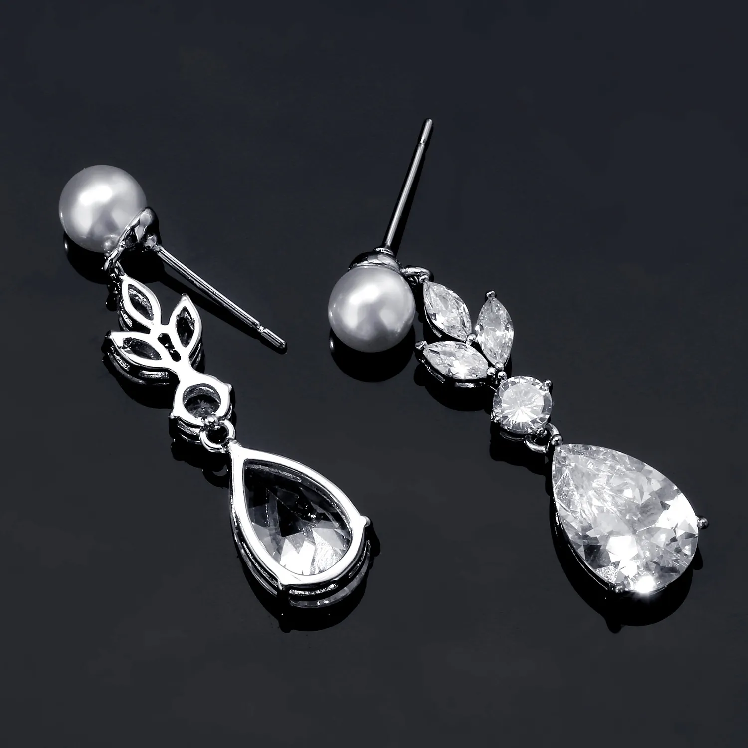 Elegant Water Drop Dangle Earrings For Women With Artificial Pearl And Cubic Zirconia Leaf Design Stainless Steel Earring Post