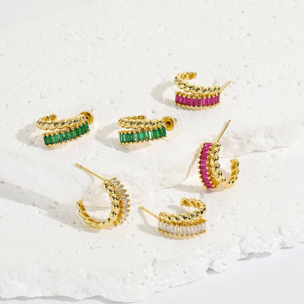 Orecchini A Cerchio A Forma Di C Rame Placcato Oro 18 Carat Texture Intrecciata Doppio Strato Zirconia Per Donna Eleganti
