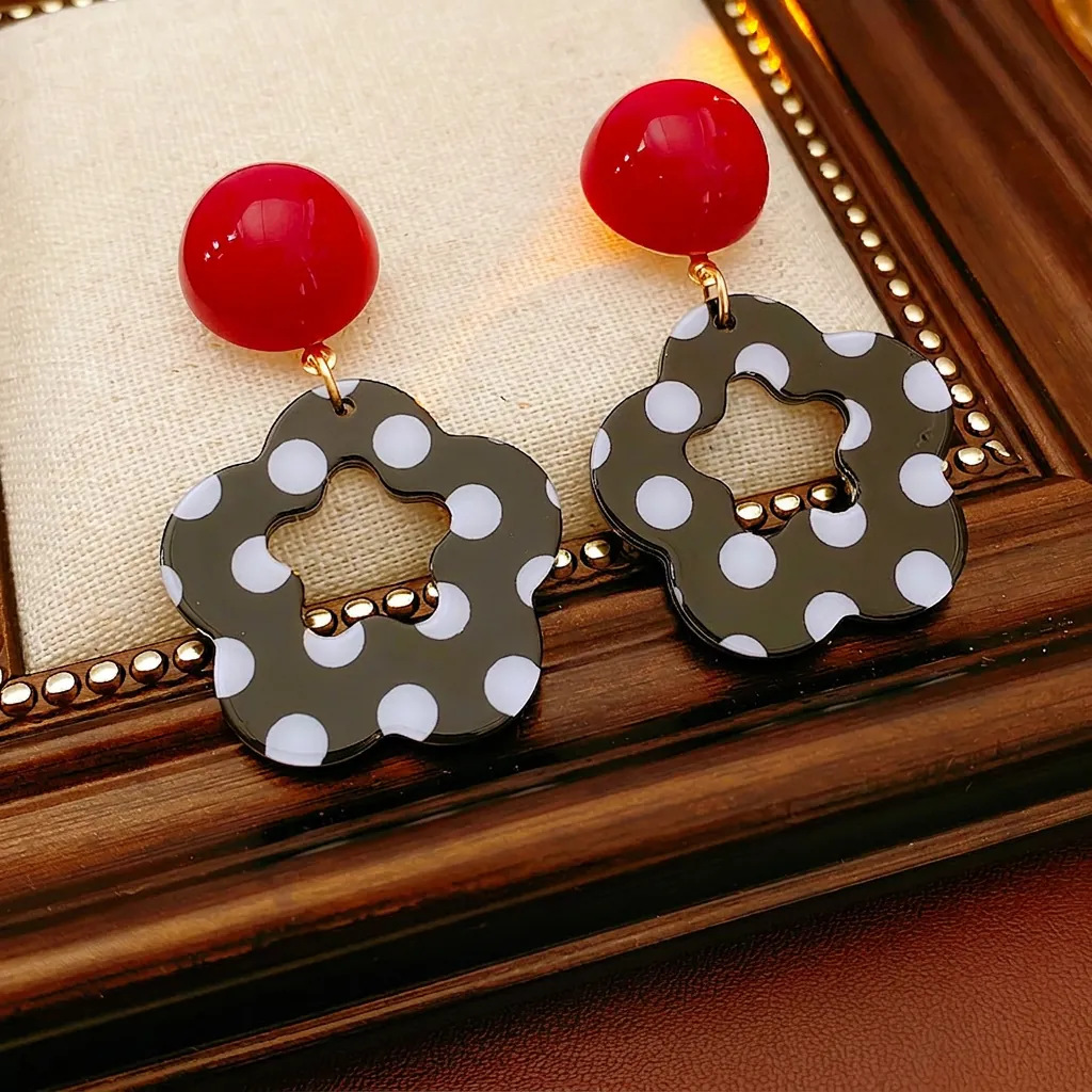Orecchini Pendenti Fiori Pois Vintage Sfera Rossa Resina Acrilica Con Perno In Argento Sterling 925 Chic Per Donna