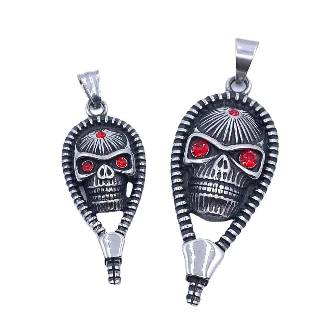 Skull Pendant Necklace Stainless Steel Red Rhinestone Zipper Gothic Vintage Hip Hop Jewelry For Men Women