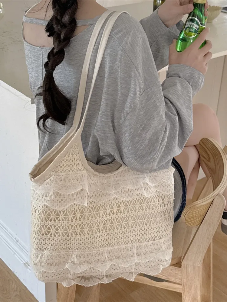 Sac À Épaule En Dentelle Au Crochet Pour Femmes Volants Superposés Fourre-Tout Évidé Vacances Style Féerique Romantique
