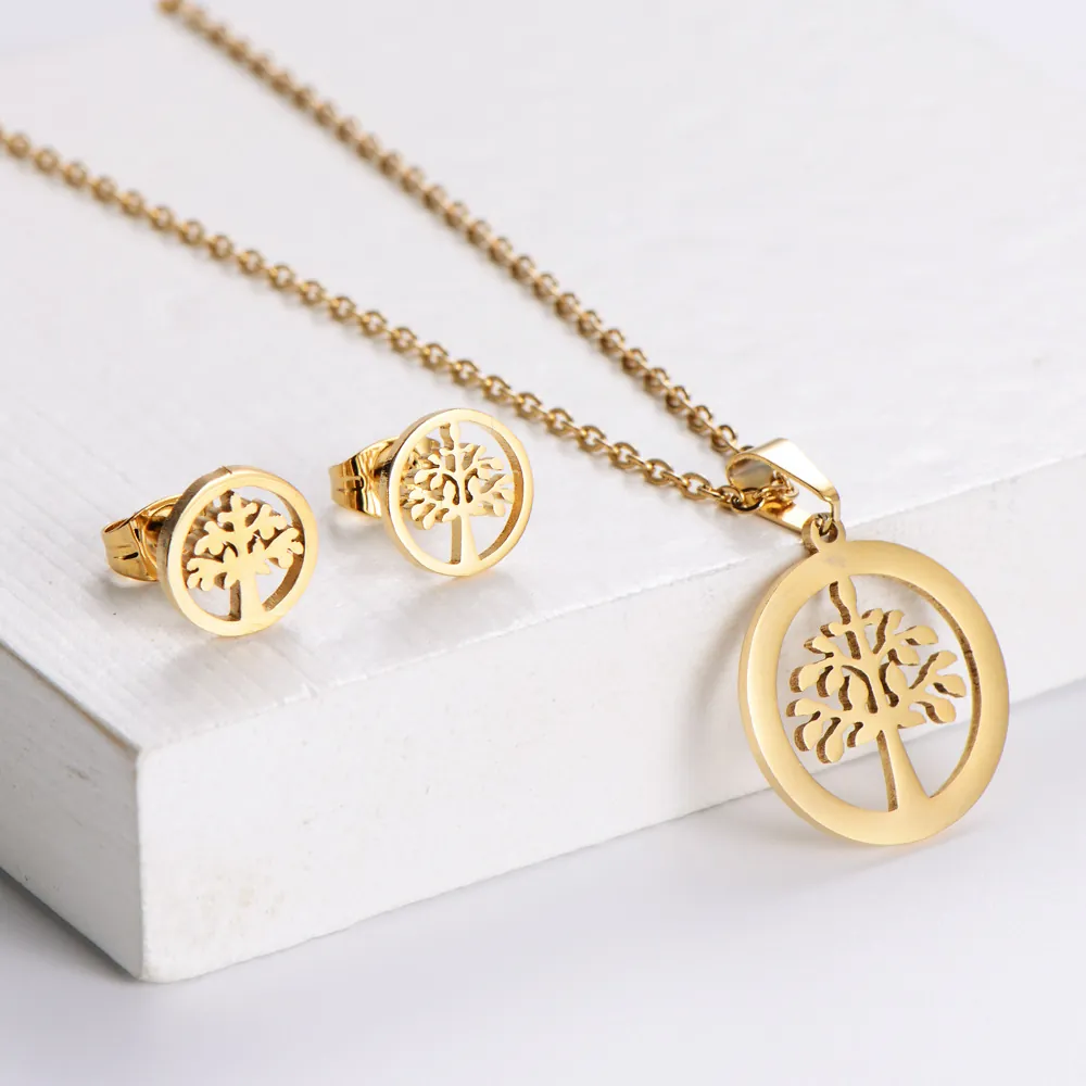 Ensemble De Bijoux Arbre De Vie En Acier Inoxydable 316 Minimaliste Pour Femmes Plaque Or Collier Pendentif Rond Creux Et Boucles D'Oreilles Bijoux Style Nature