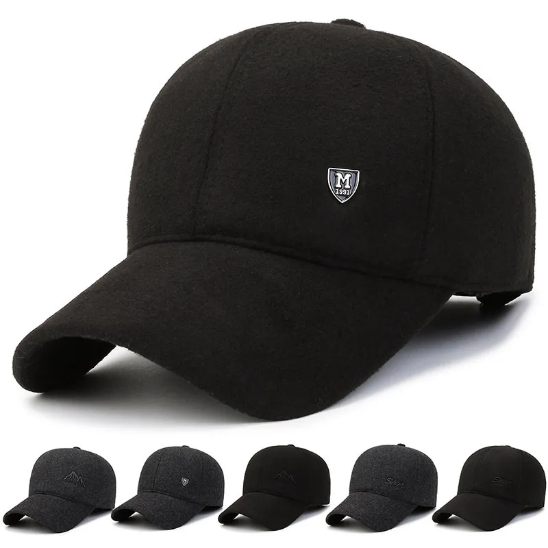 Men Winter Warm Fleece Lined Baseball Cap Outdoor Cold Woolen Cotton Thickened Peak Hat With Adjustable Strap Sporty Style