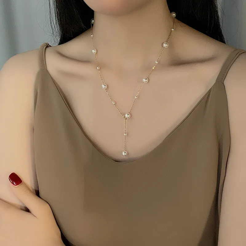 Y-Shaped Artificial Pearl Necklace Titanium Steel Gold Chain White Faux Artificial Pearl Adjustable Dainty Minimalist Clavicle Accessory Women