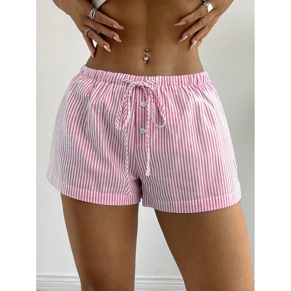 Women's Casual Polyester Striped Shorts Elastic Drawstring Waist Summer Beach Shorts Solid Color Home Lounge Shorts Women