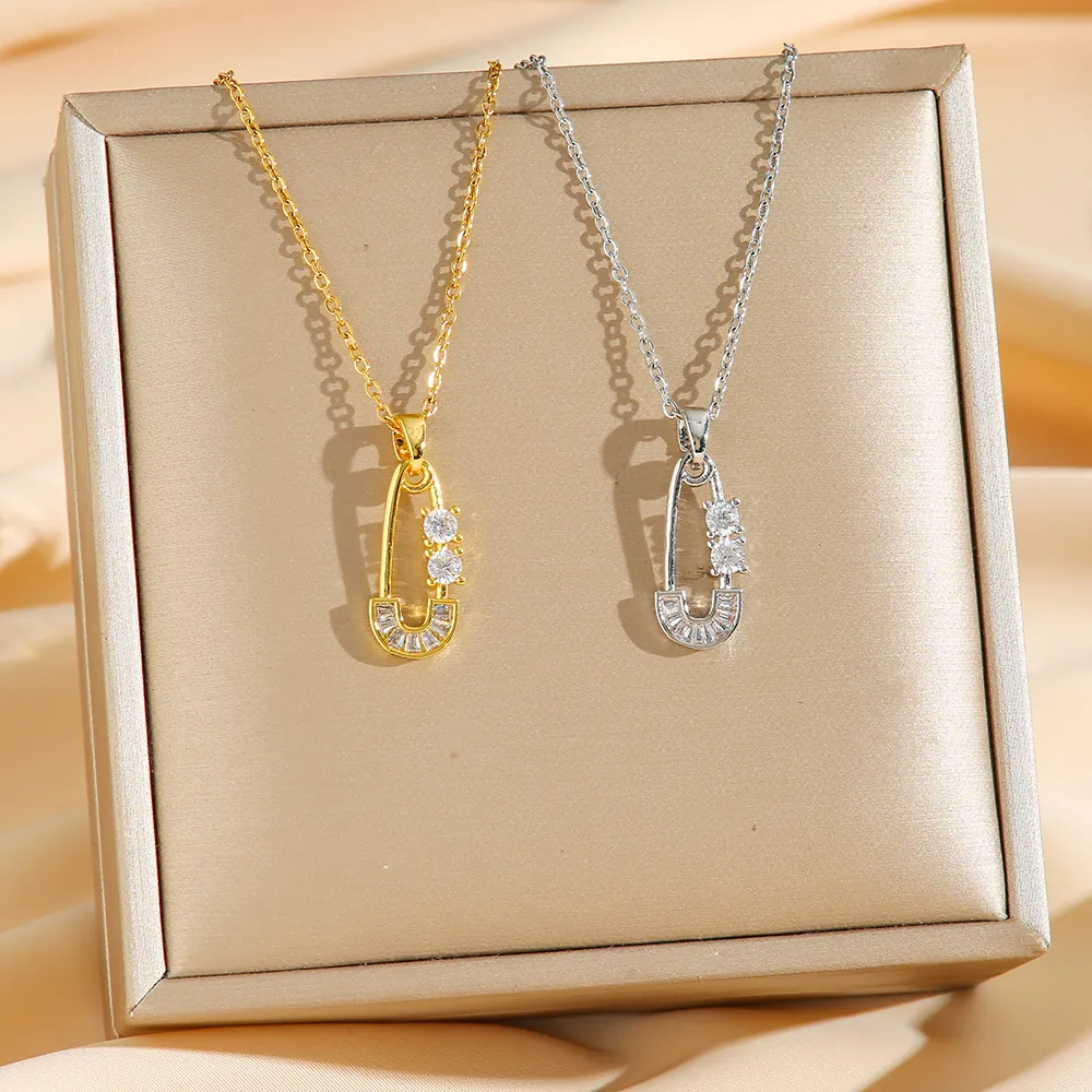 Stainless Steel Paperclip Pendant Necklace Micro Zircon Safety Pin Geometric Chain Jewelry For Women