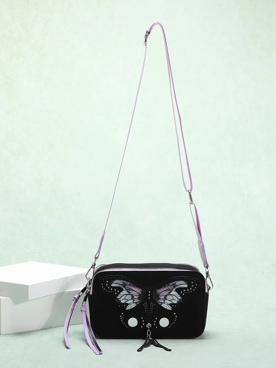 Butterfly Print PU Leather Crossbody Camera Bag With Adjustable Purple Strap Silver Rivets Gothic Dark Aesthetic Square Bag