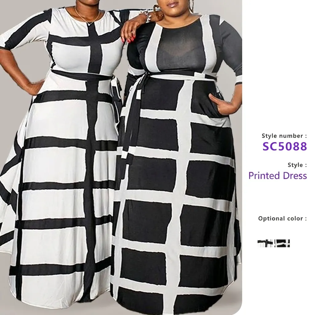 Plus Size Maxi Dress Women Geometric Grid Stripe Print Round Neck Waist Tie Chic Casual Long Streetwear Gown