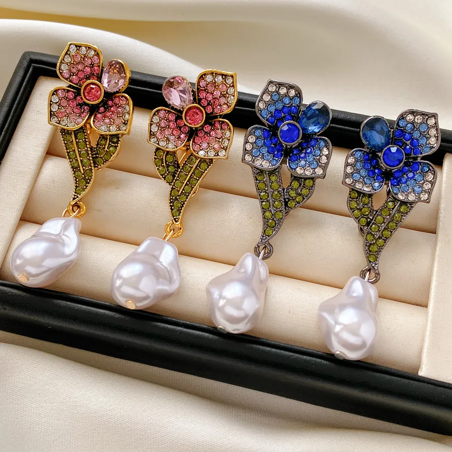 Boucles D'oreilles Pendantes Fleur Vintage Avec Strass Künstliche Perles D'imitation Baroques Et Tige En Argent Pour Femme