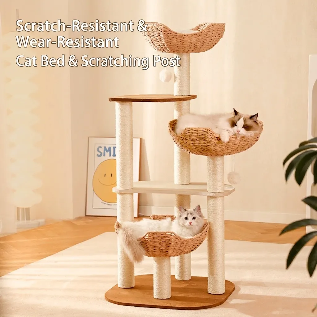 Mehrebenen Kratzbaum Sisal Kratzpfosten Mit Geflochtenen Nestern Plüschkissen Stabiler Holz Katzenbaum Für Katzen