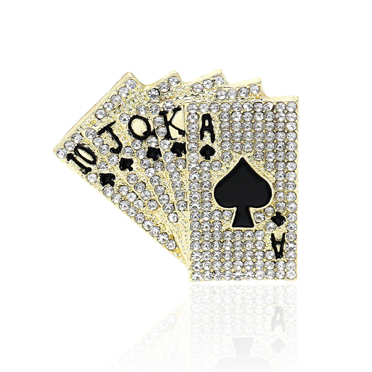 Poker Royal Flush Rhinestone Brooch Gold Silver Plated Alloy Playing Cards Suit Pin For Suit Lapel Men Women Jewelry