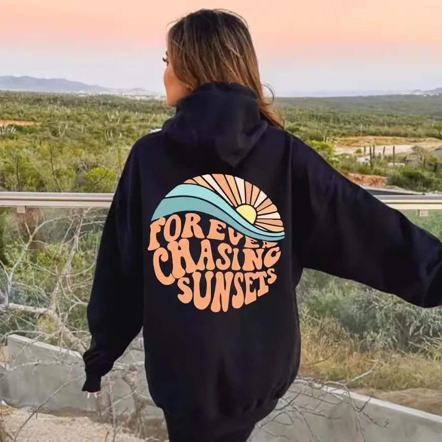 Men Hoodie Polyester Long Sleeve Drawstring Kangaroo Pocket Forever Chasing Sunsets Print Retro Graphic Streetwear
