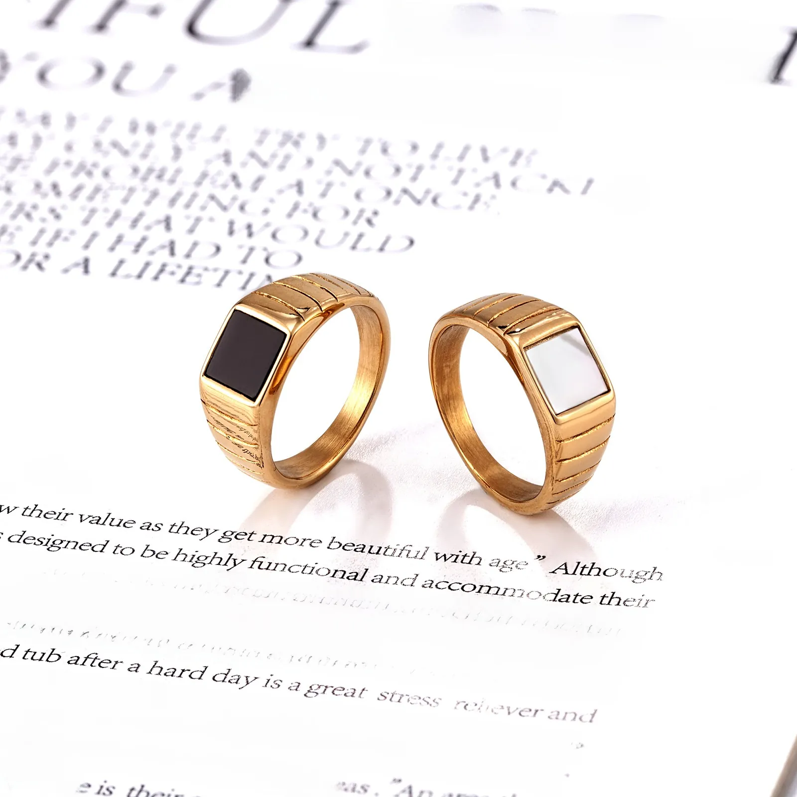 Geometric Square Signet Ring 14K Gold Plated Stainless Steel White Shell Black Inlay Striped Side Unisex Jewelry