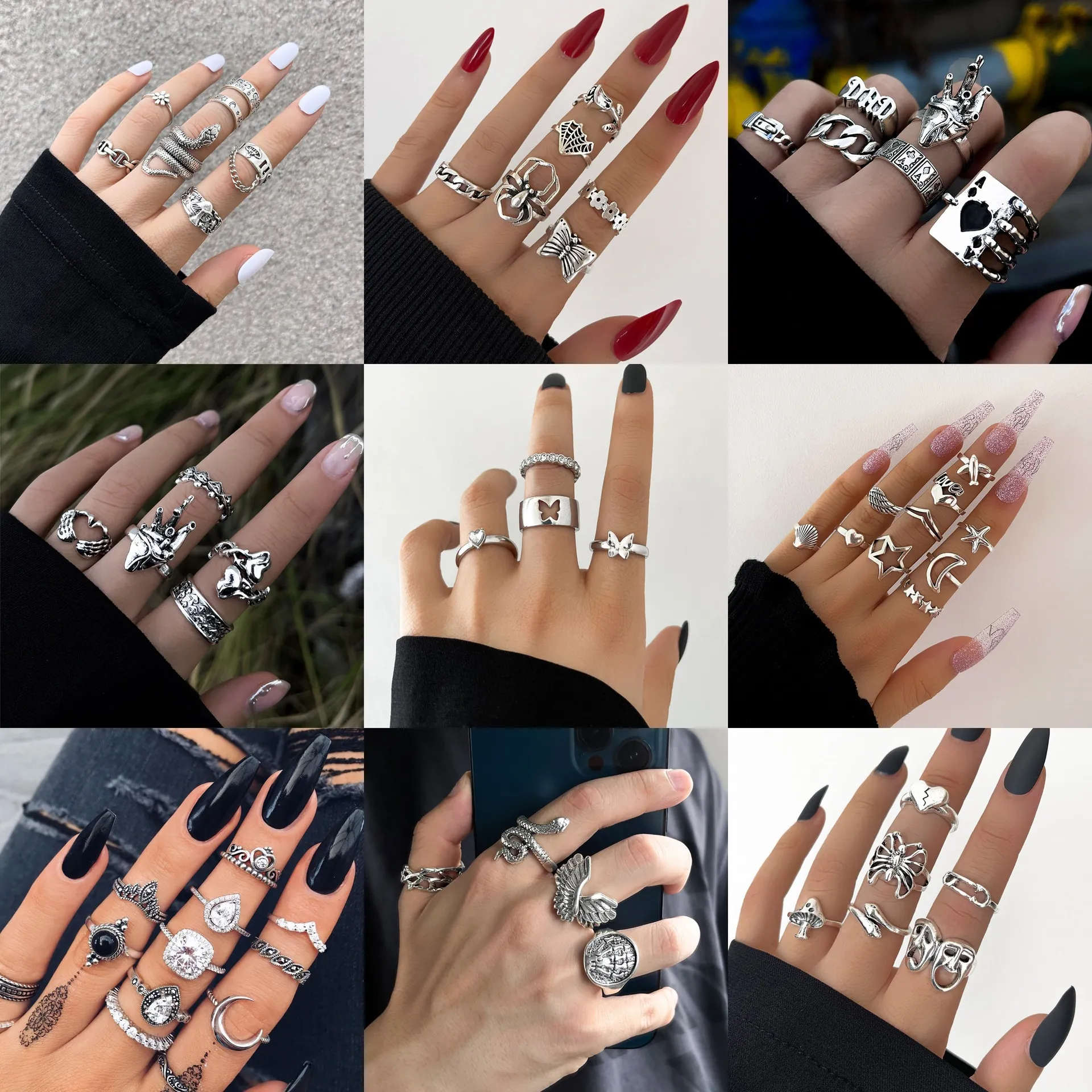 Anelli In Lega Vintage Gothic Punk Per Donne Uomini Colore Argento Antico Motivi Cuore Serpente Farfalla Gioielli Boho