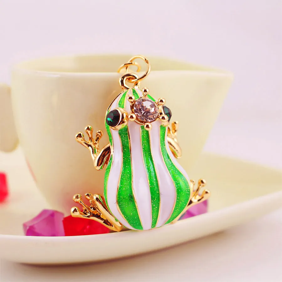 Cute Frog Crystal Rhinestone Keychain Zinc Alloy Green White Striped Enamel Animal Key Ring Bag Charm Pendant For Women Jewelry