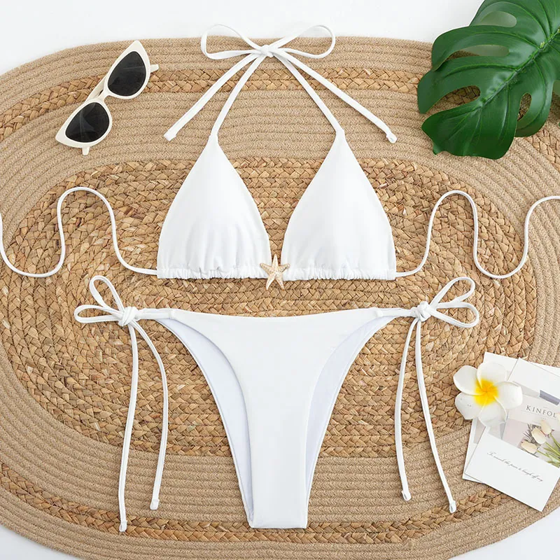Women Bikini Halter Triangle Top And Side Tie Bottom Solid Color With Metal Starfish Charm Padded Beach Swimwear