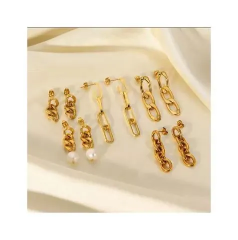 Alloy Gold Geometric Chain Link Drop Earrings With Faux Artificial Pearl Elegant Trendy Industrial Dangle Jewelry For Women