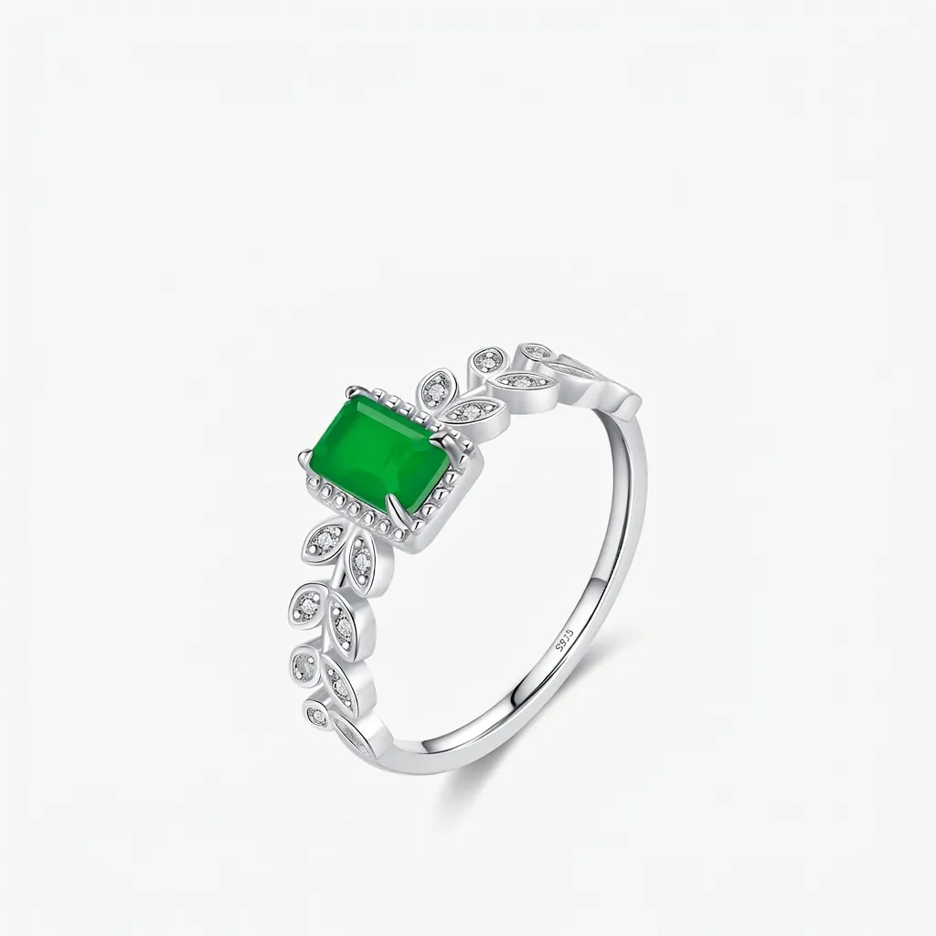 Vintage 925 Sterling Silver Ring With Emerald Cut Green Stone And Zirconia Leaf Design For Women